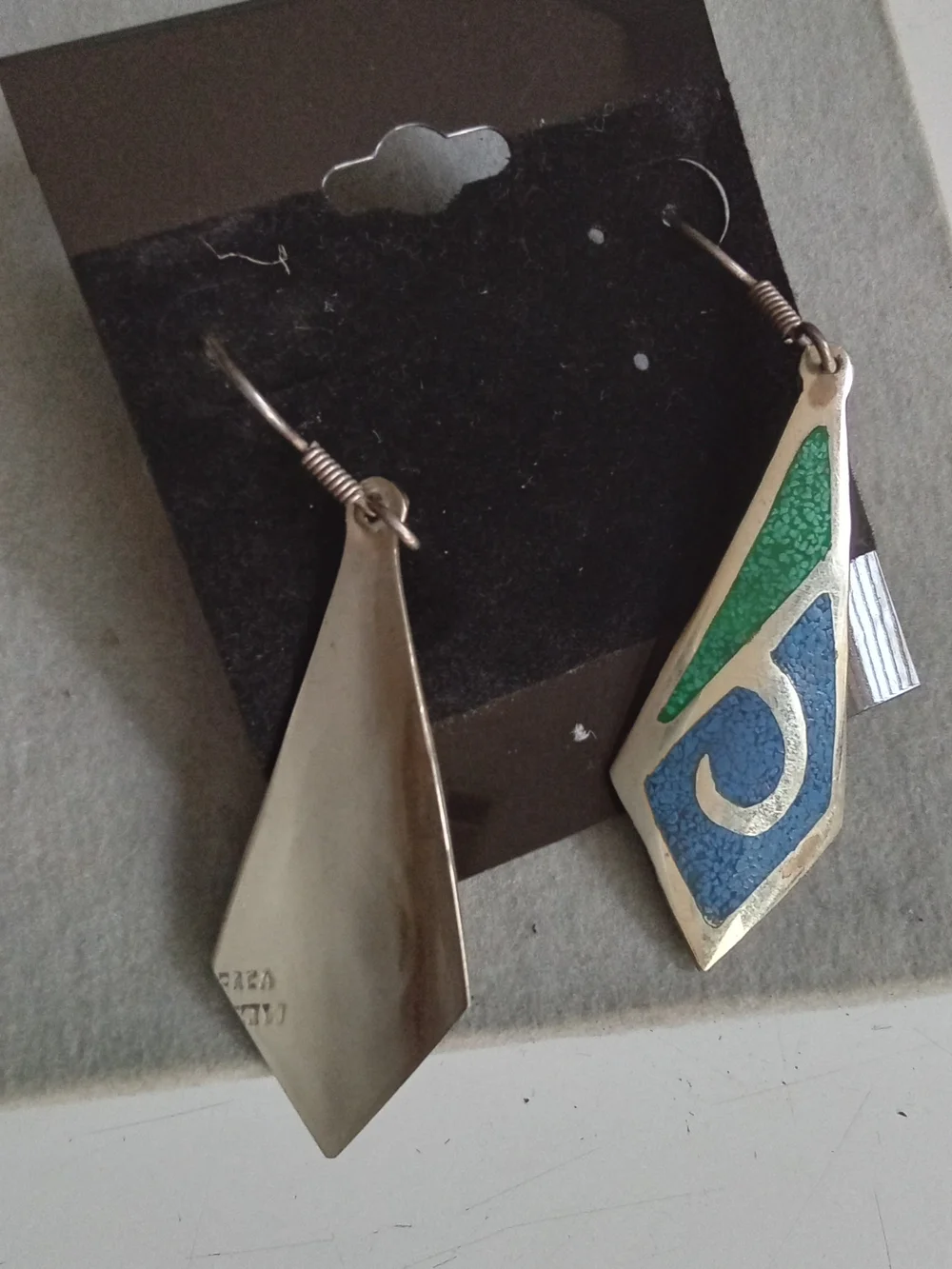 Vintage Mexican Silver Inlay Drop Earring Blue Green Geometric Dangle Taxco Styl